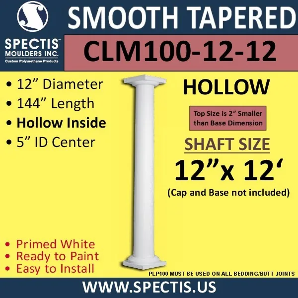 Manufacturer sheet for Spectis CLM100-12-12, a 12 inch by 144 inch hollow smooth tapered column, primed white. Cap and base are not included.