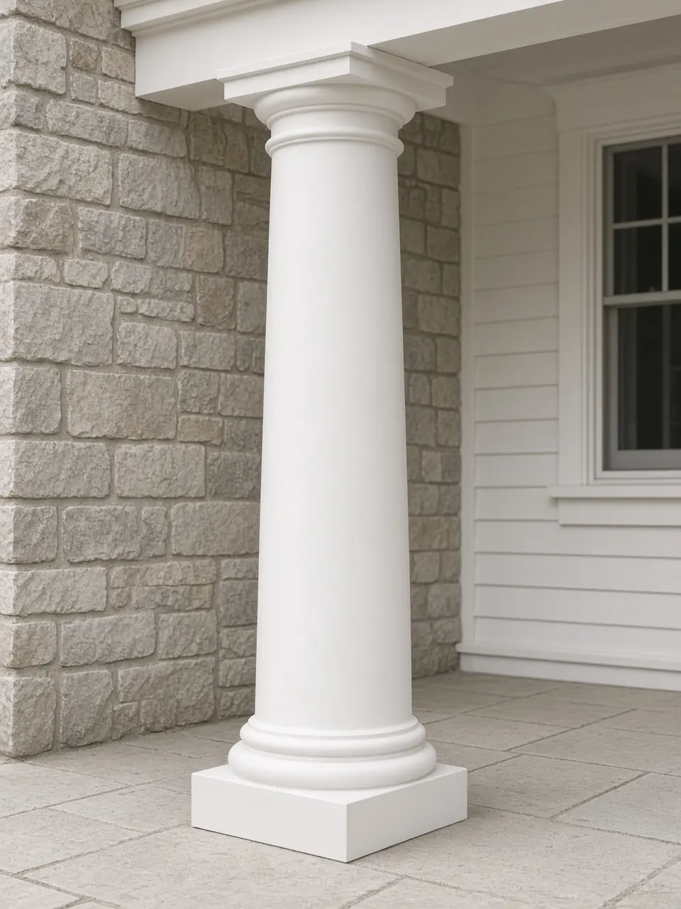 White factory-primed smooth tapered column with a Tuscan base and cap, standing on a limestone porch.